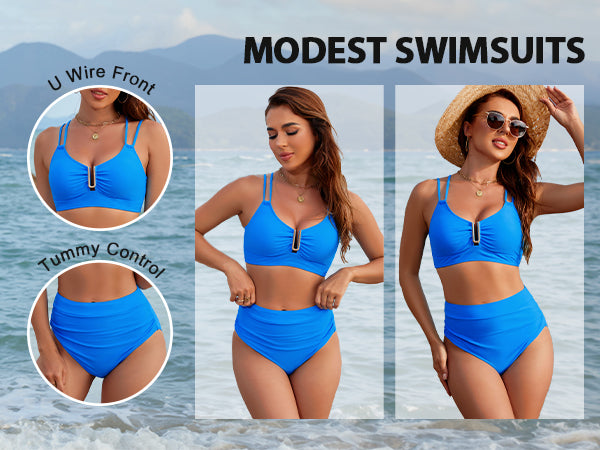 BMJL High Waisted Cutout Crisscross Modest Tummy Control Bikini Sets