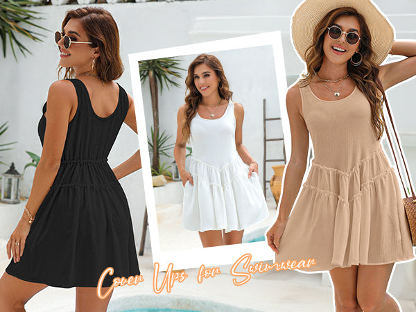 Cute Drop-waist Swimsuit Coverup Ruffle Sleeveless Mini Tank Dress