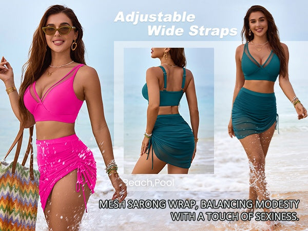 Mesh Sarong Wraps Bathing Suits High Waisted Bikini Sets