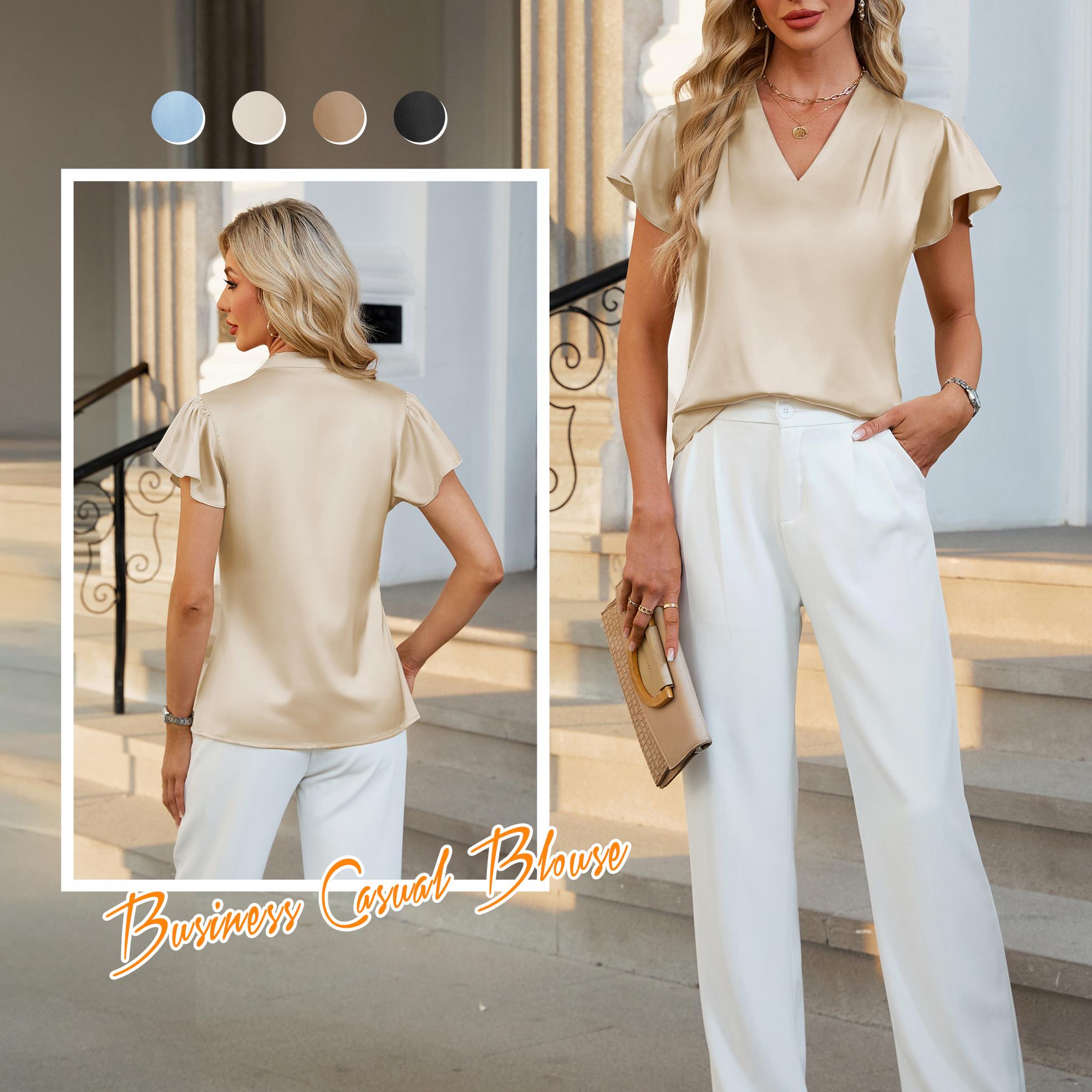 Silk Dressy Casual Ruffle Sleeve Tops V Neck Pleated Work Shirts