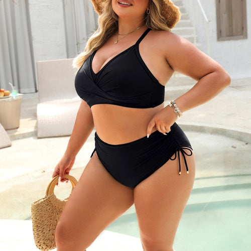 Crisscross Tie Back High Waisted Drawstring Tummy Control Bikini Sets