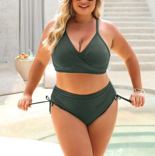 Crisscross Tie Back High Waisted Drawstring Tummy Control Bikini Sets
