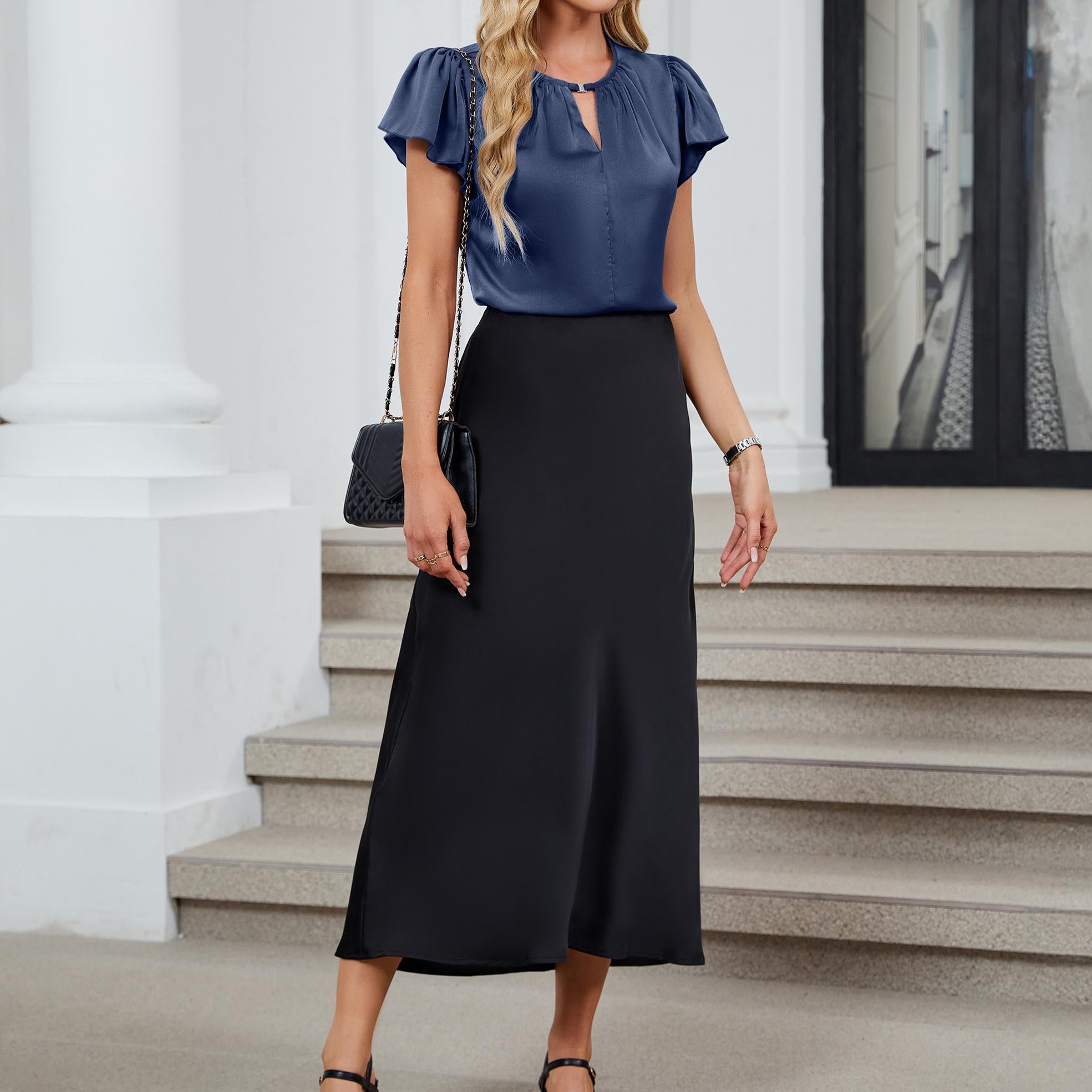 Business Casual Short Sleeve Silk Keyhole Outfits