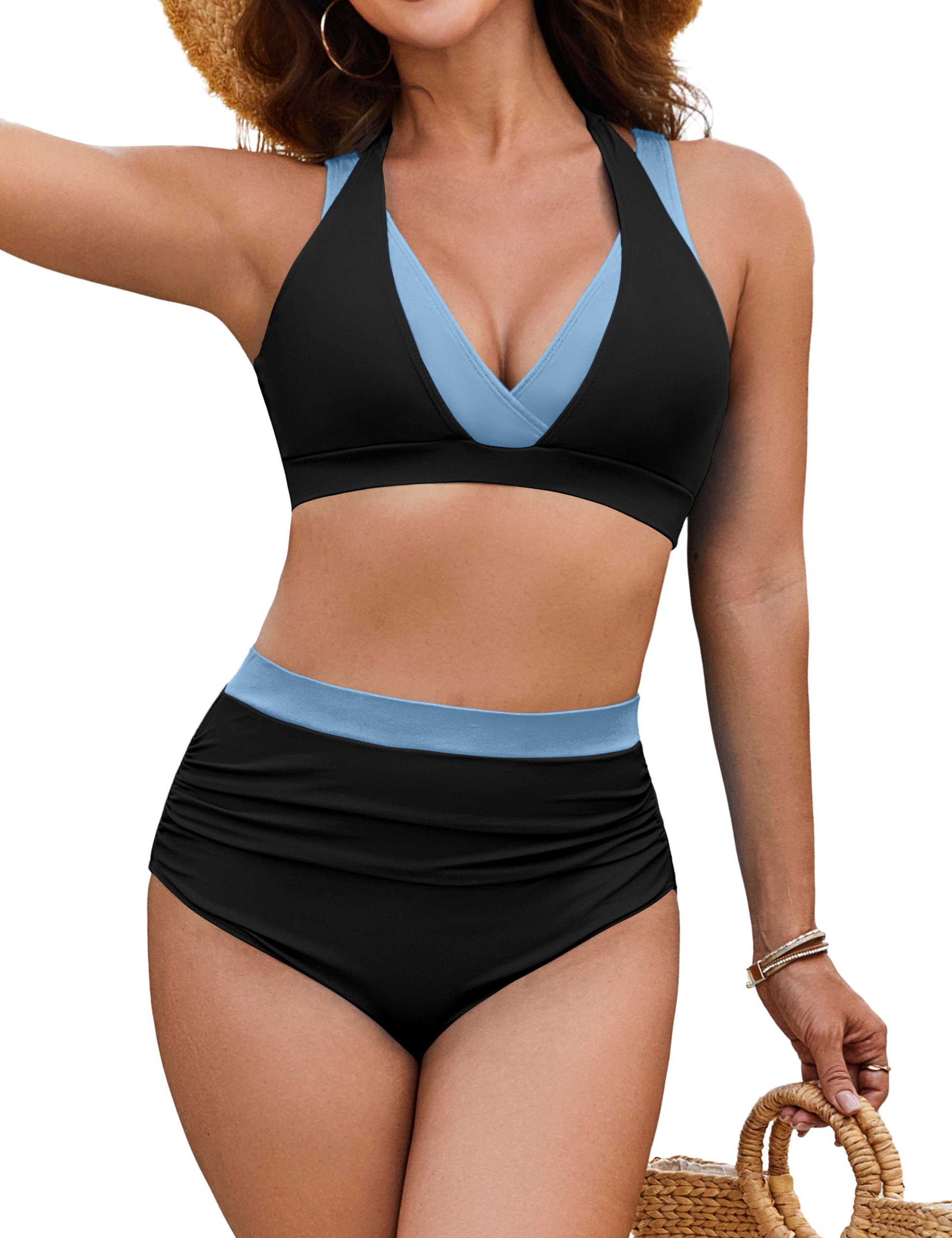 BMJL Color Block Modest High Waisted Tummy Control Bikini Sets