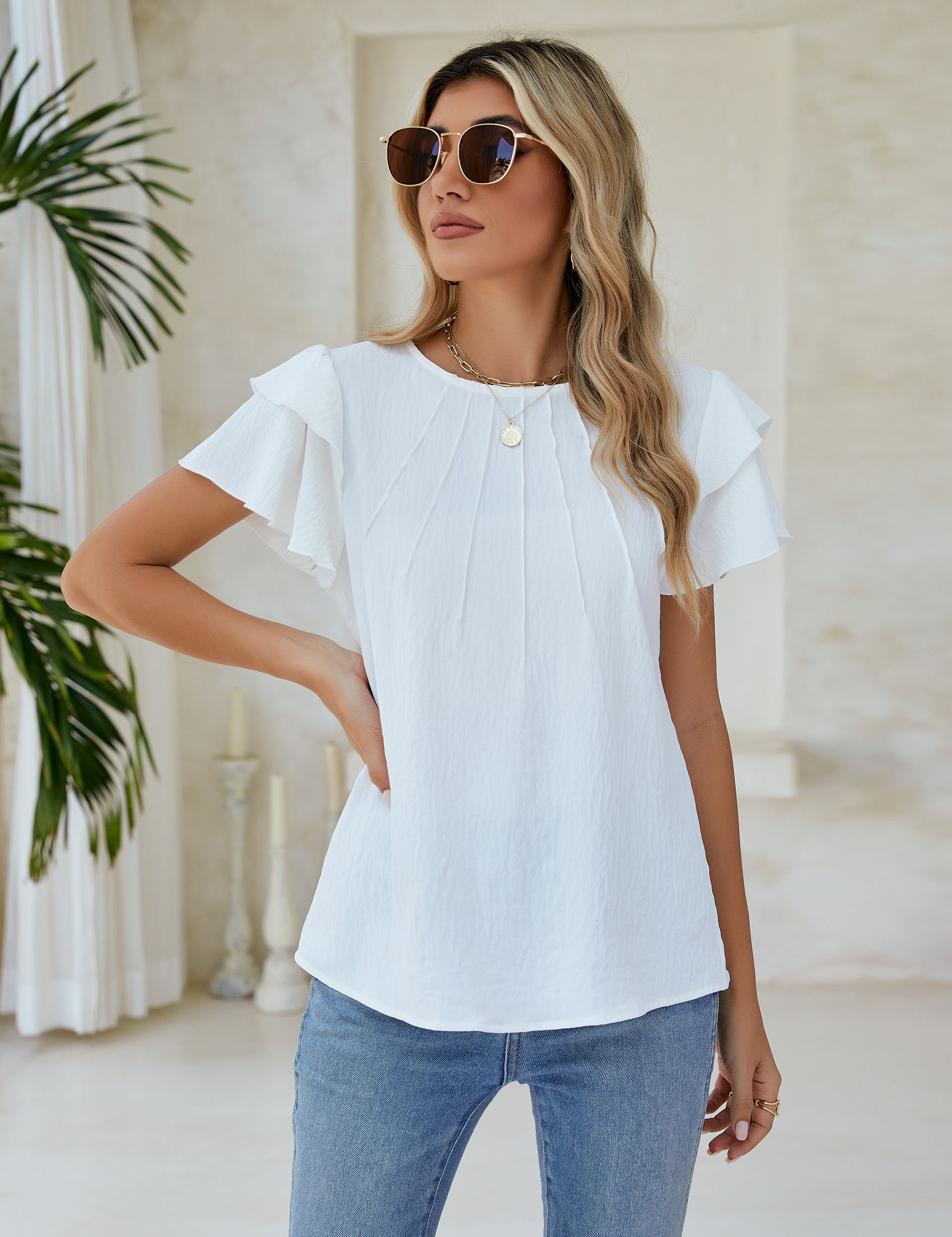 Dressy Casual Tops Business Work Blouses Summer Shirts Short Sleeve Crew Neck
