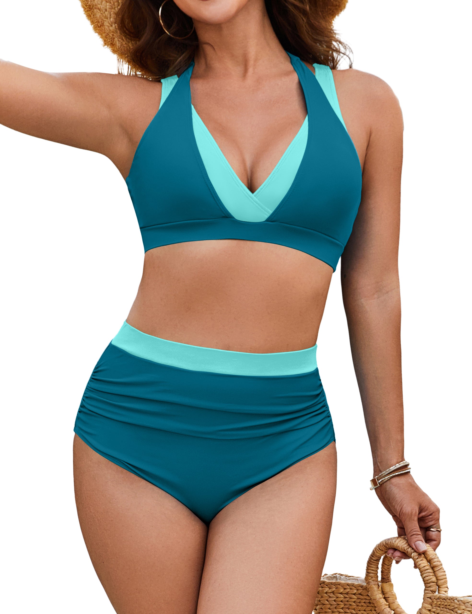 BMJL Color Block Modest High Waisted Tummy Control Bikini Sets