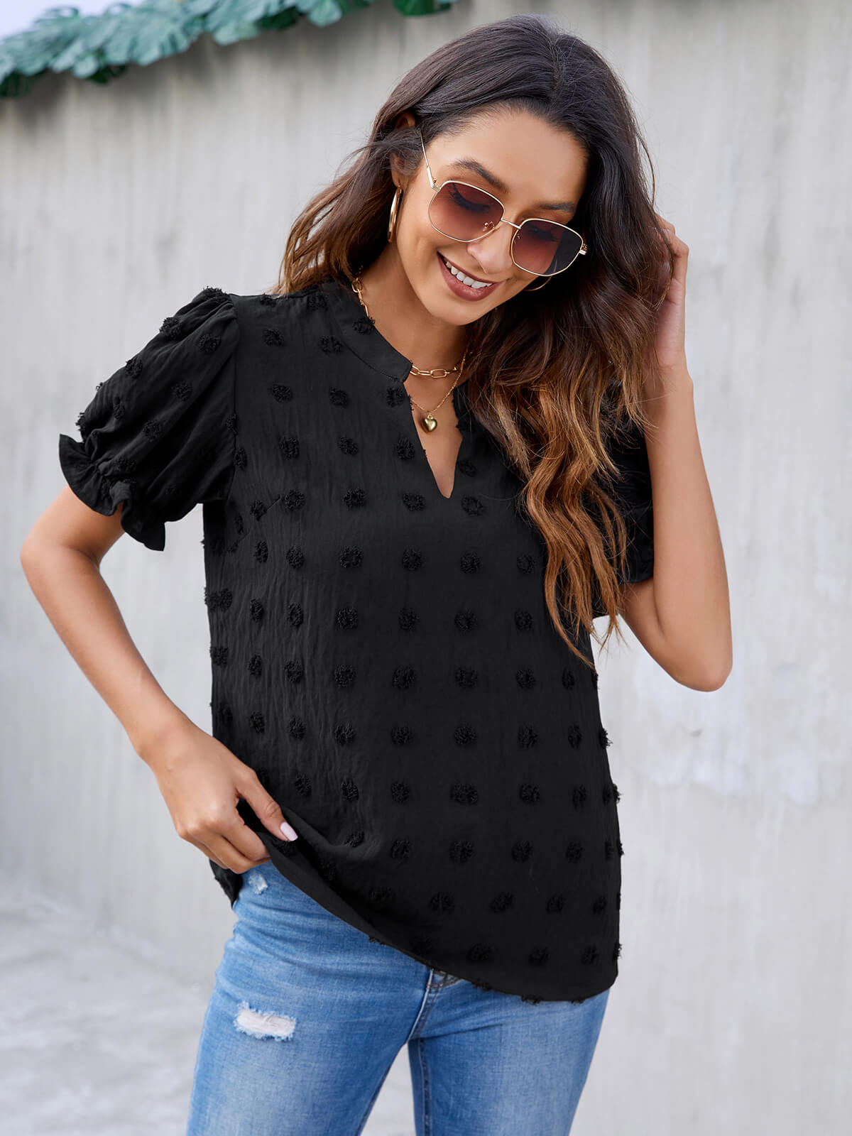 Cute Short Puff Sleeve Chiffon Blouse