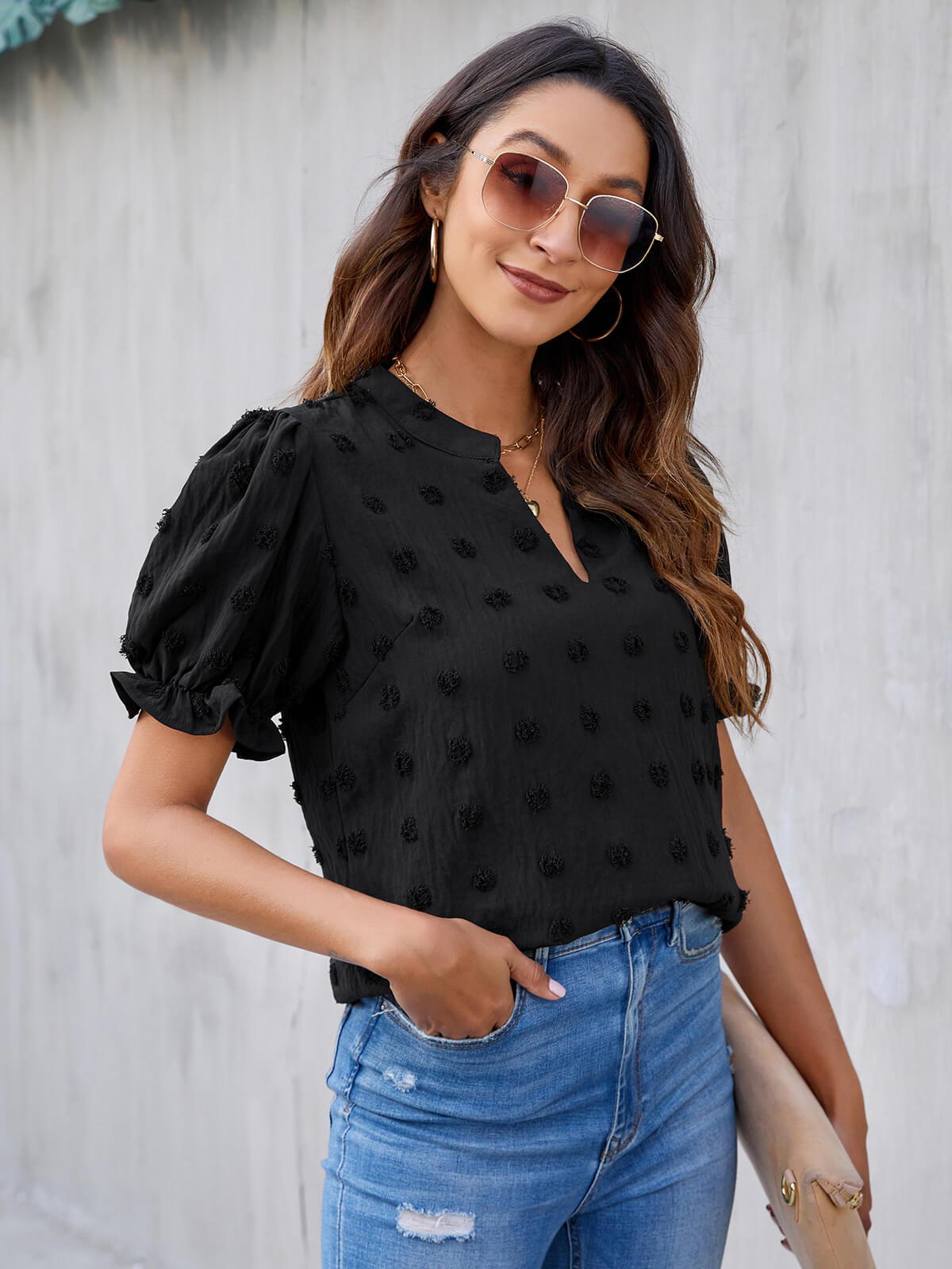 Cute Short Puff Sleeve Chiffon Blouse