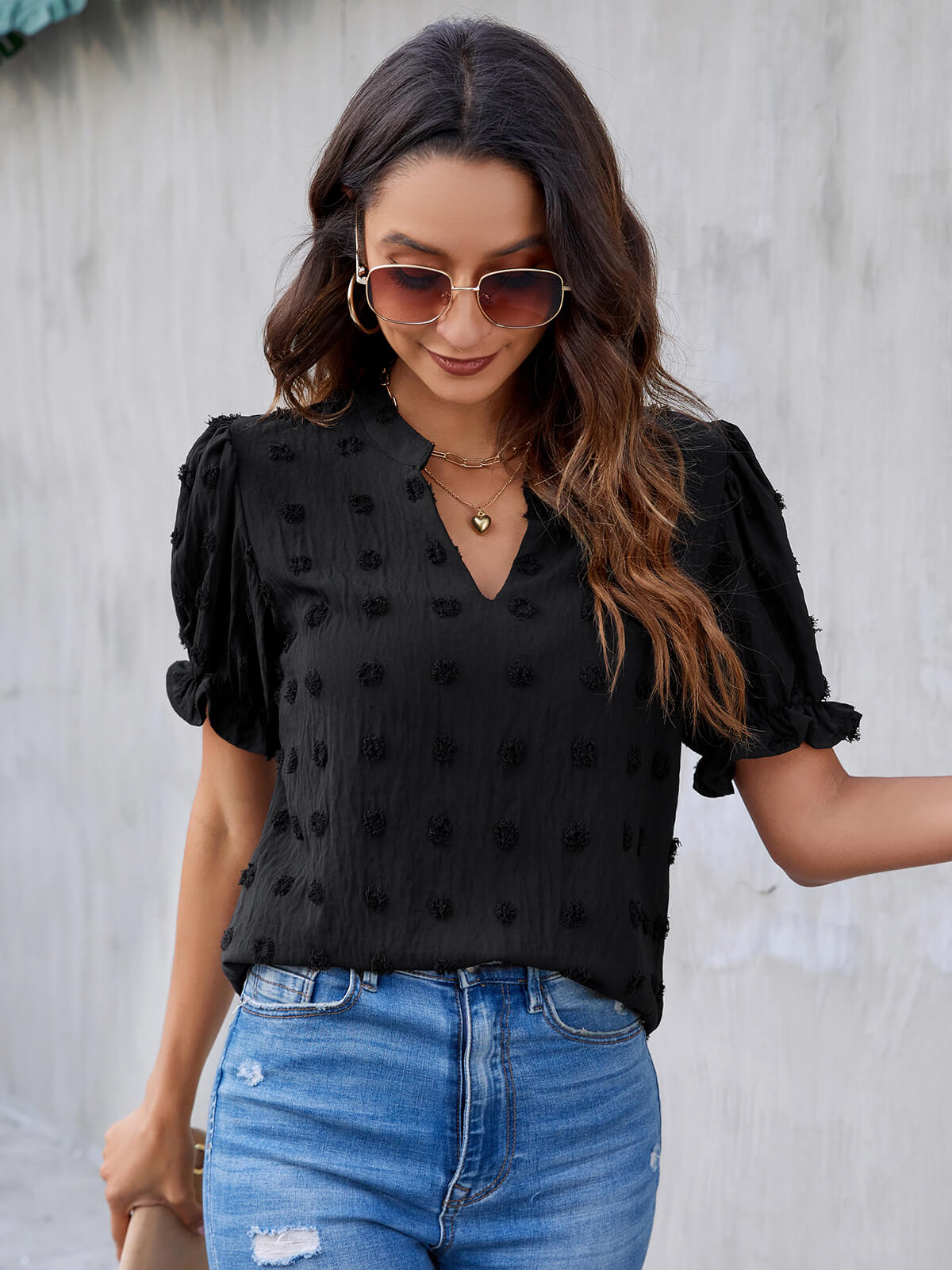 Cute Short Puff Sleeve Chiffon Blouse