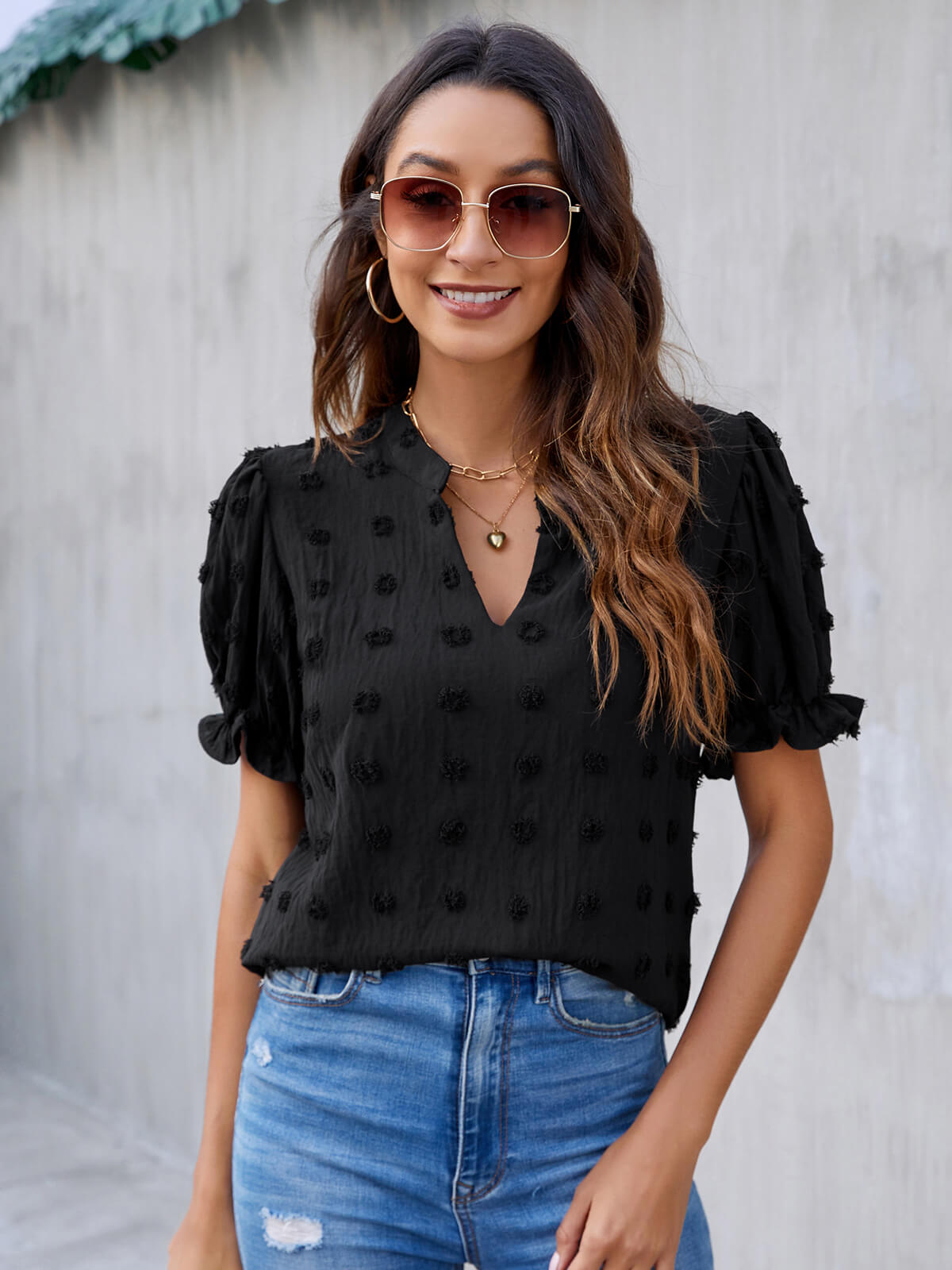 Cute Short Puff Sleeve Chiffon Blouse