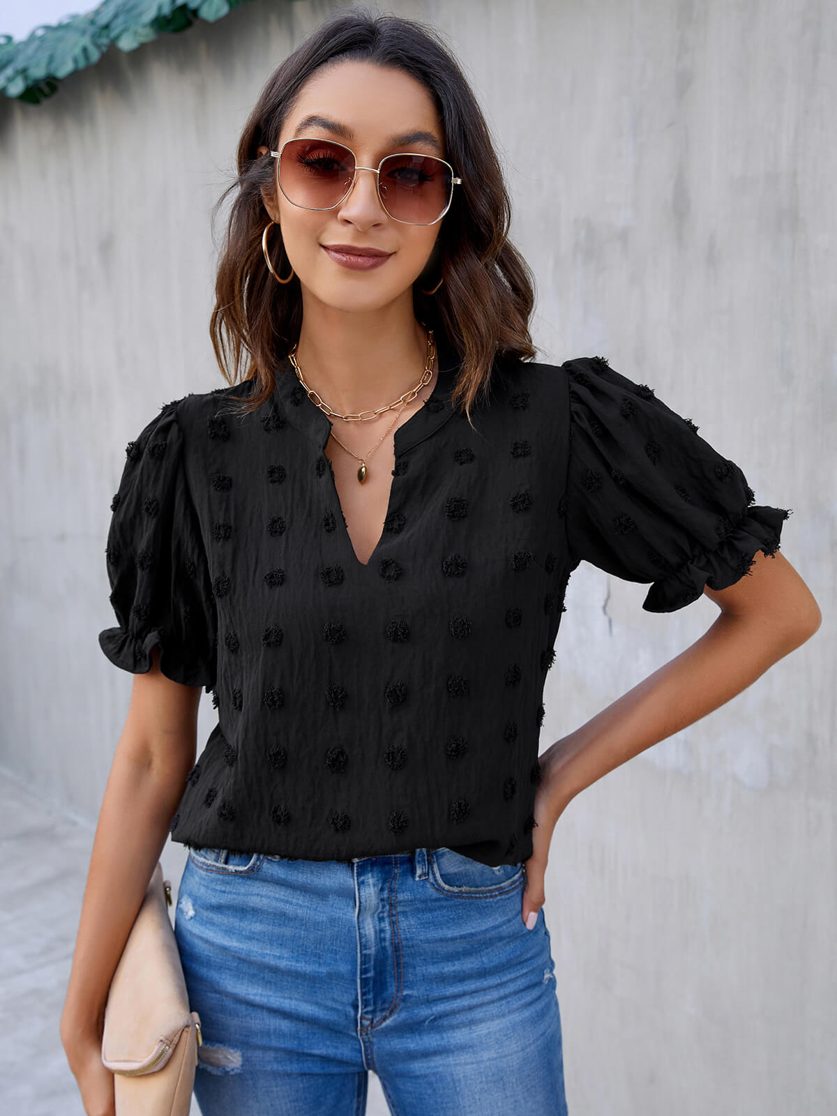 Cute Short Puff Sleeve Chiffon Blouse