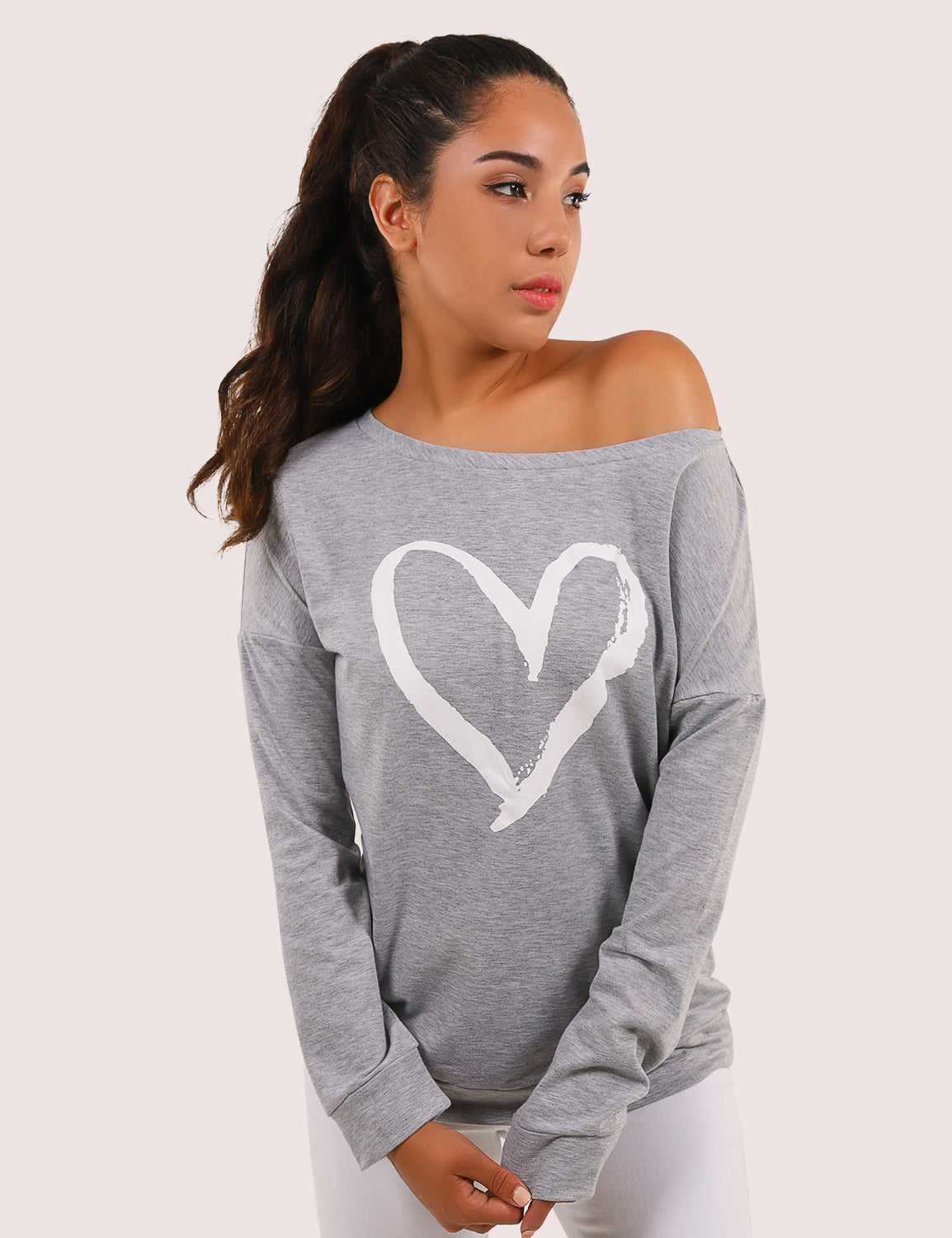 Heart Print Drop Shoulder Sweatshirt for Women