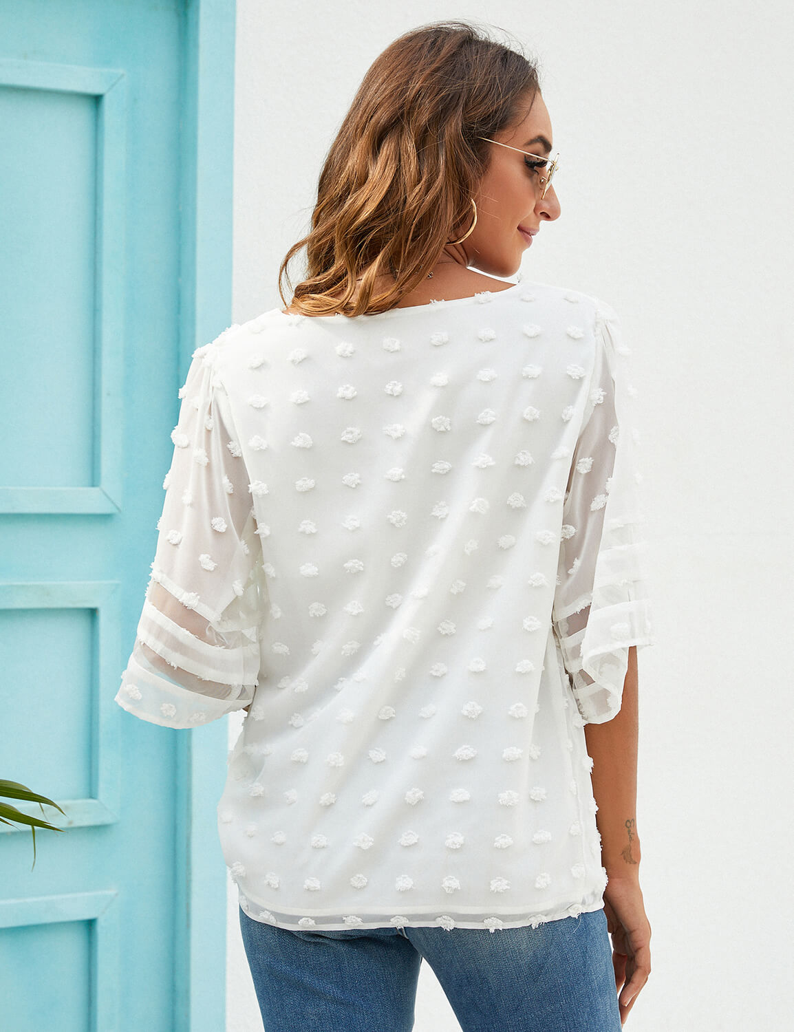 V Neck Bell Sleeve Chiffon Blouse