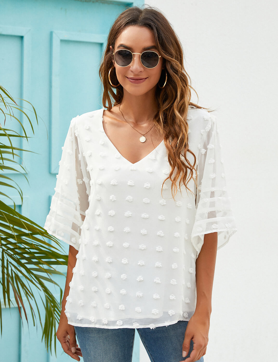 V Neck Bell Sleeve Chiffon Blouse