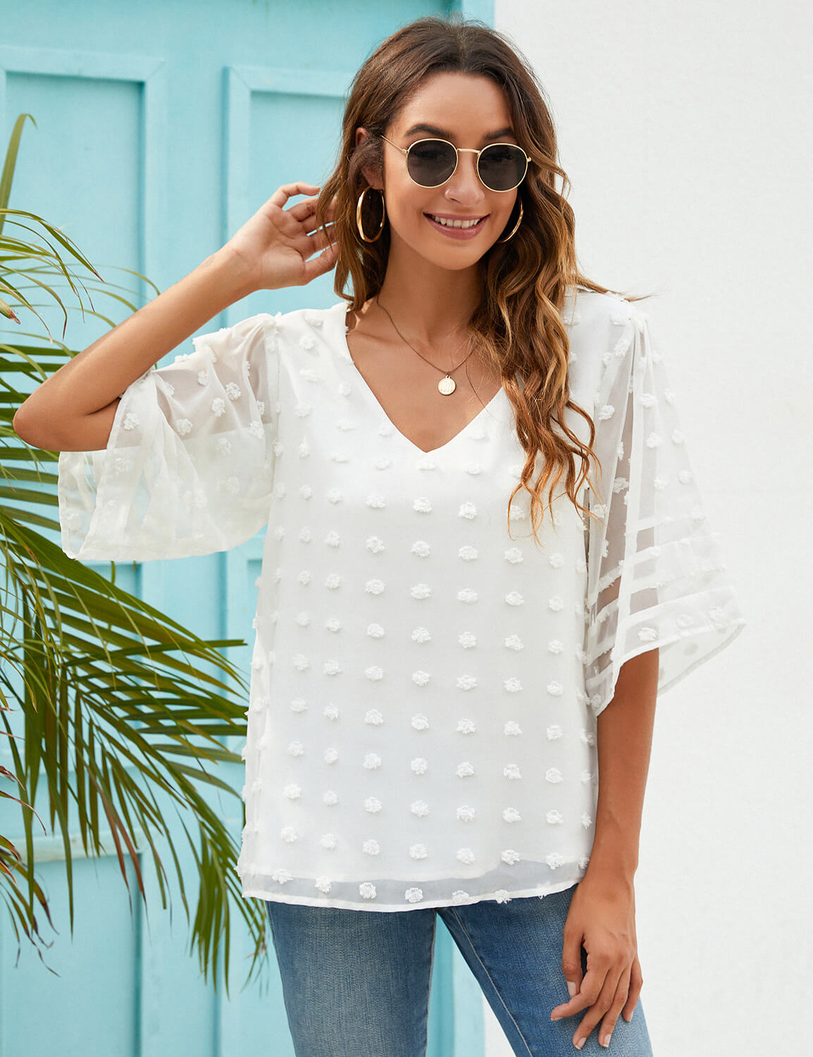 V Neck Bell Sleeve Chiffon Blouse