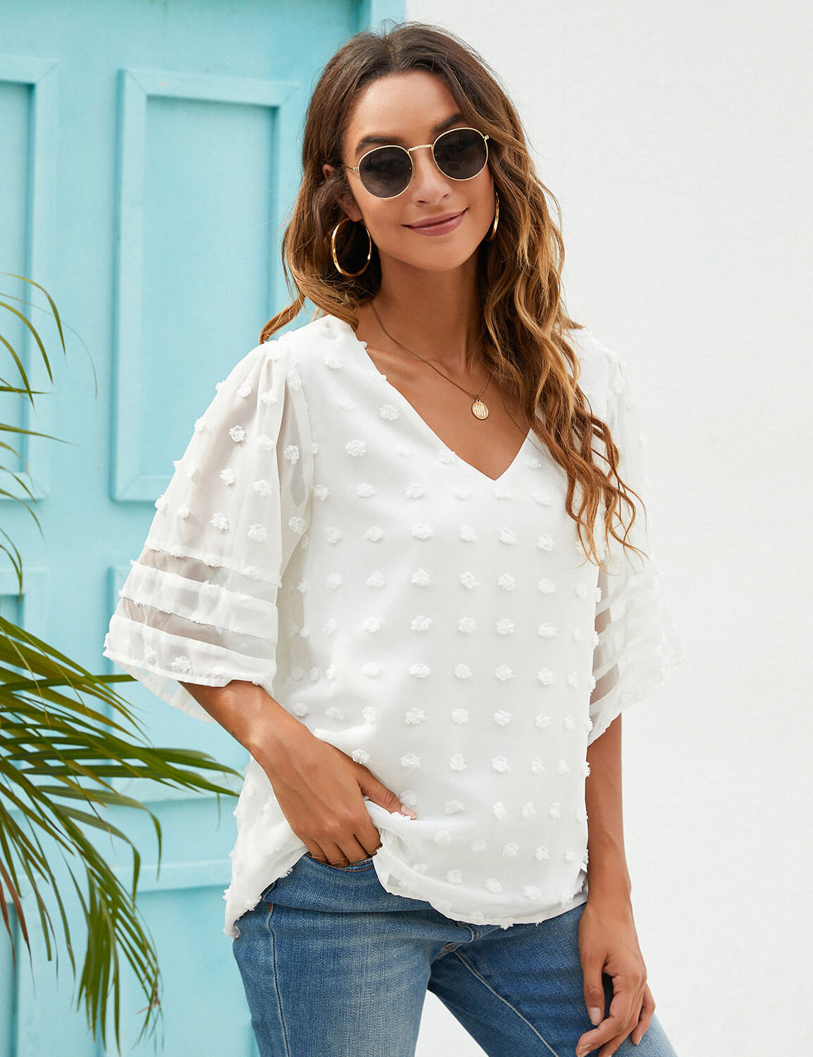 V Neck Bell Sleeve Chiffon Blouse