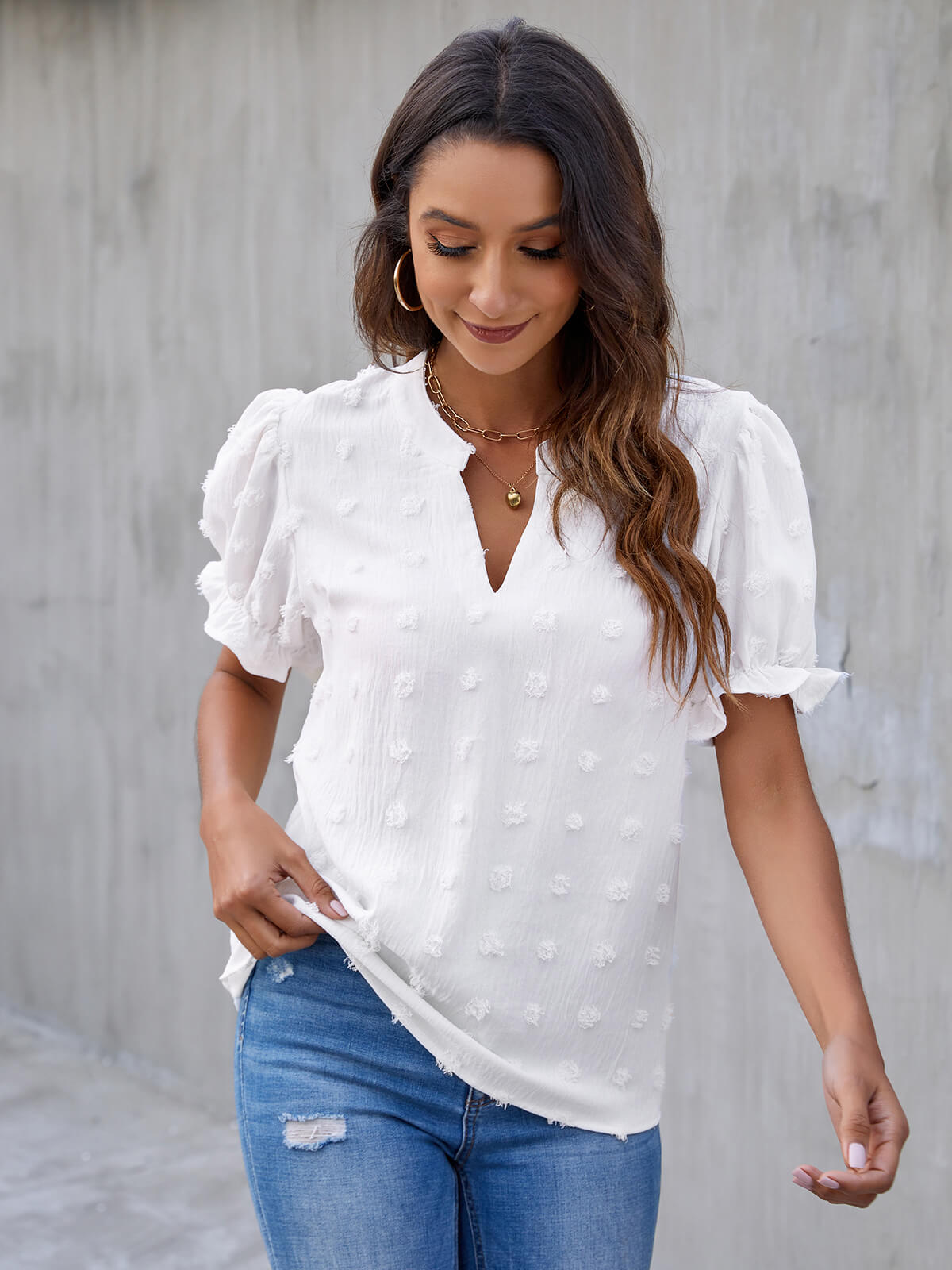 Cute Short Puff Sleeve Chiffon Blouse