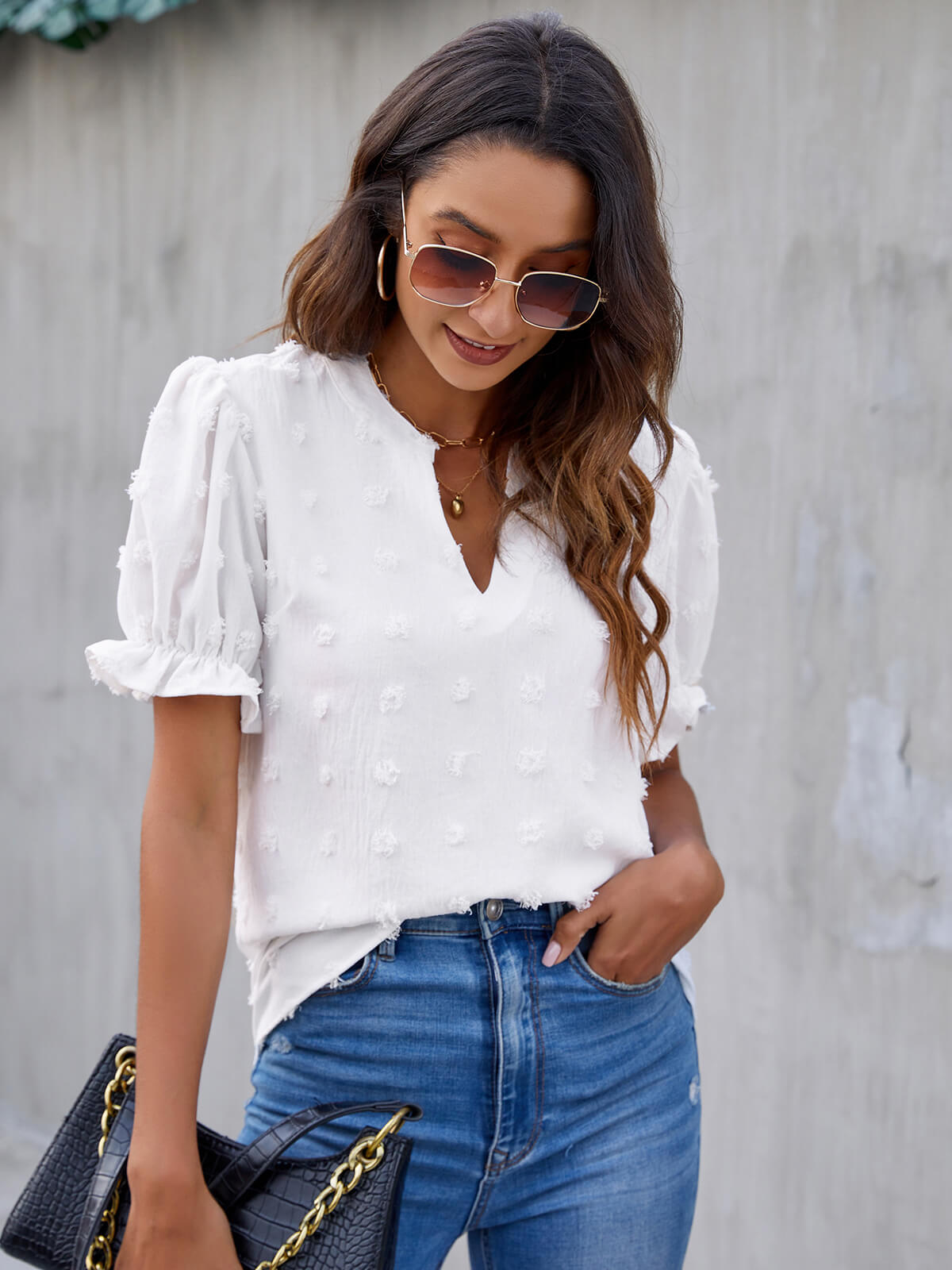 Cute Short Puff Sleeve Chiffon Blouse