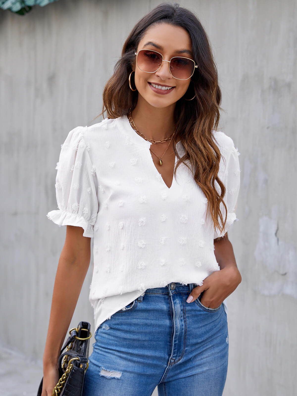 Cute Short Puff Sleeve Chiffon Blouse