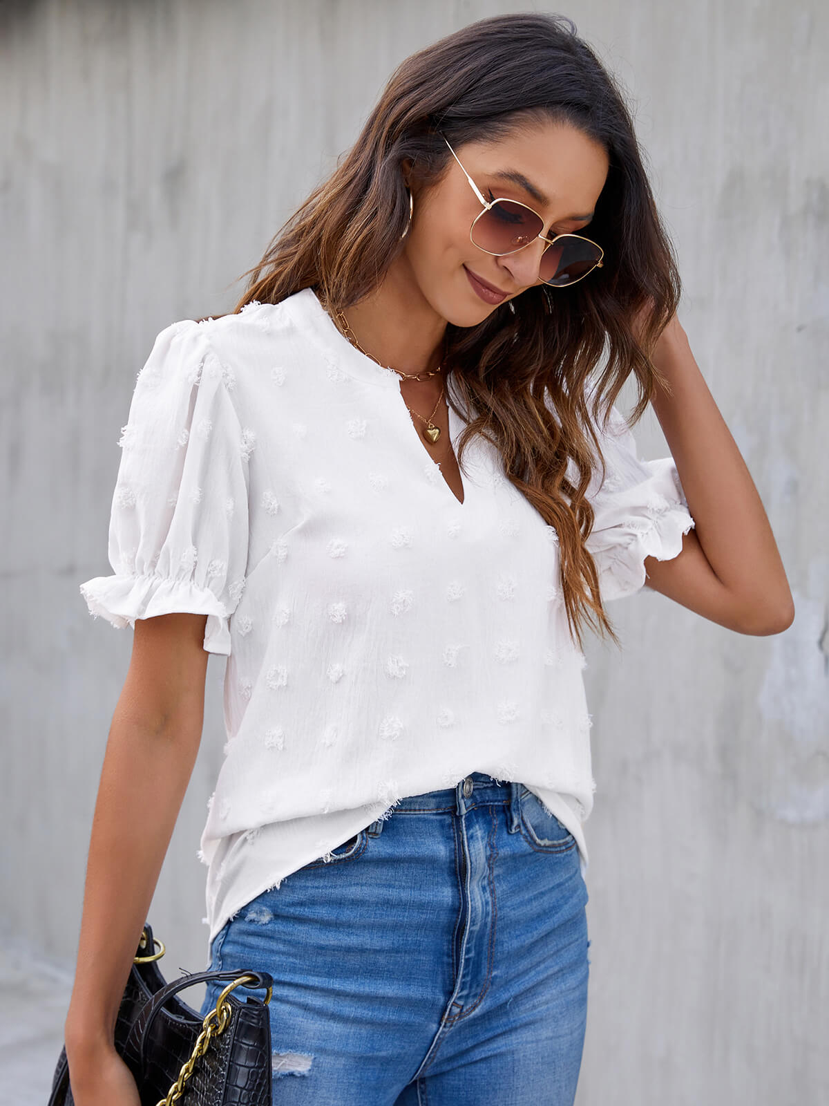 Cute Short Puff Sleeve Chiffon Blouse