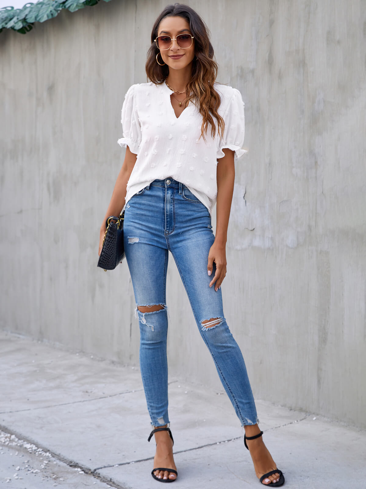 Cute Short Puff Sleeve Chiffon Blouse