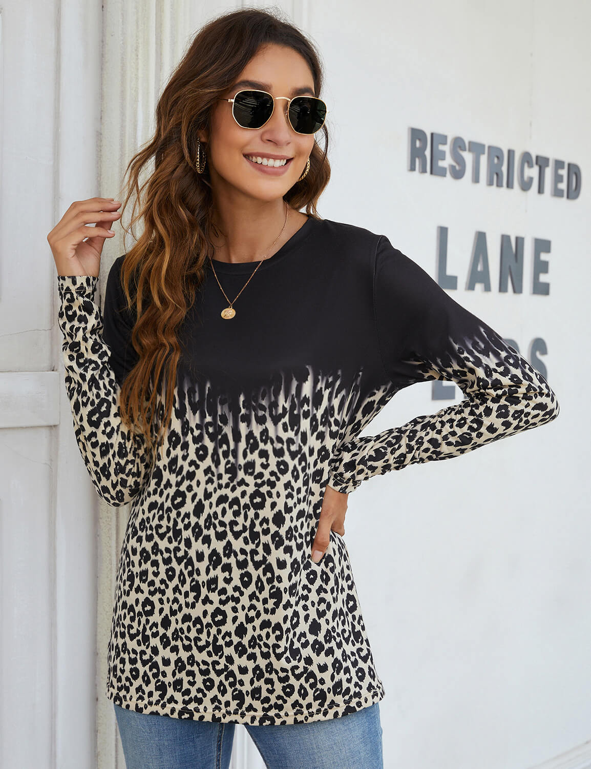 Leopard Print Color Block Long Sleeve T-Shirt