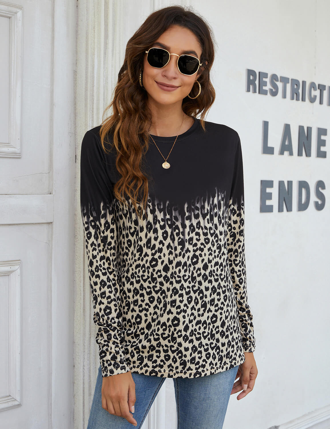 Leopard Print Color Block Long Sleeve T-Shirt