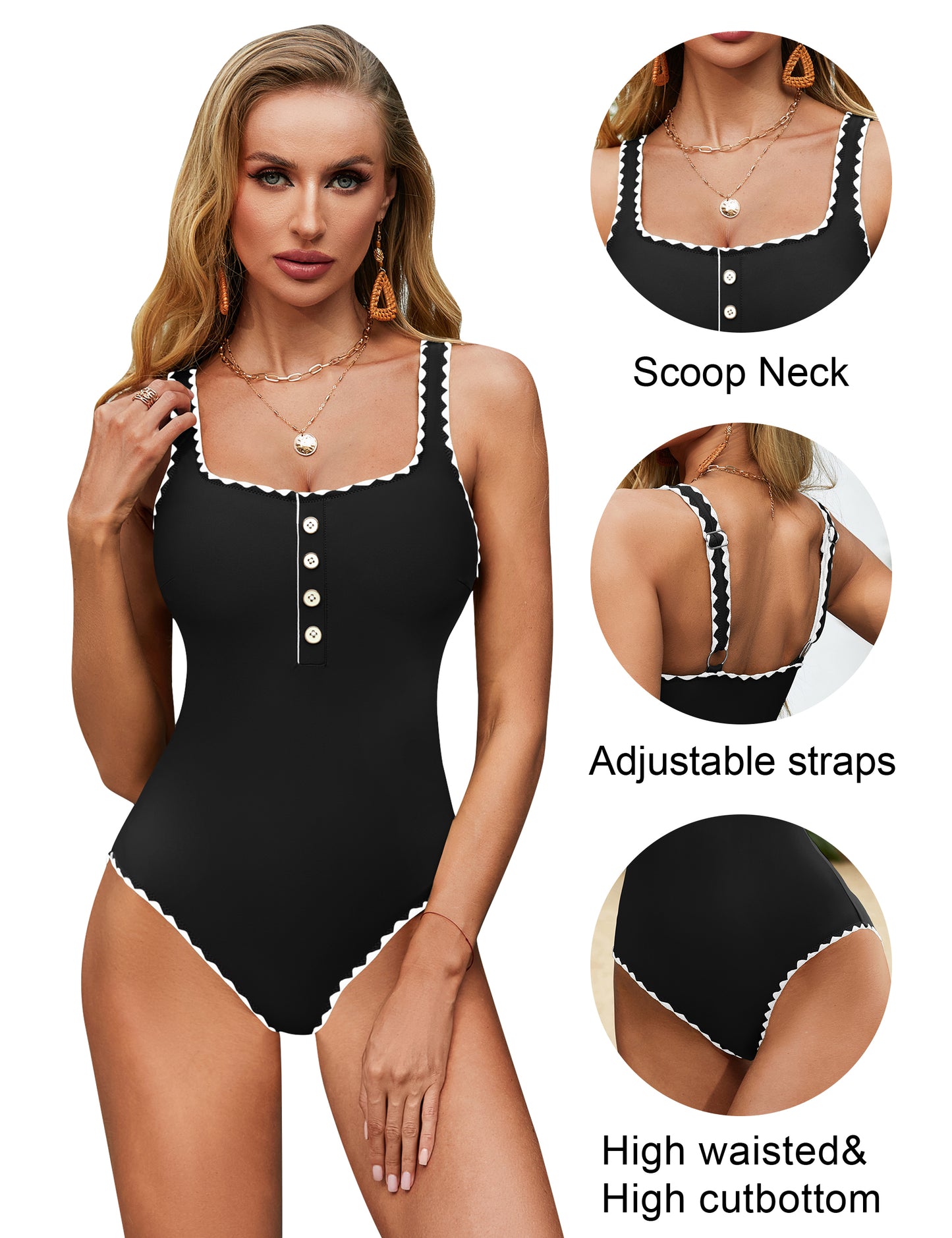 BMJL Button Adjustable Strap Color Block Retro One Piece Women's Swimsuits