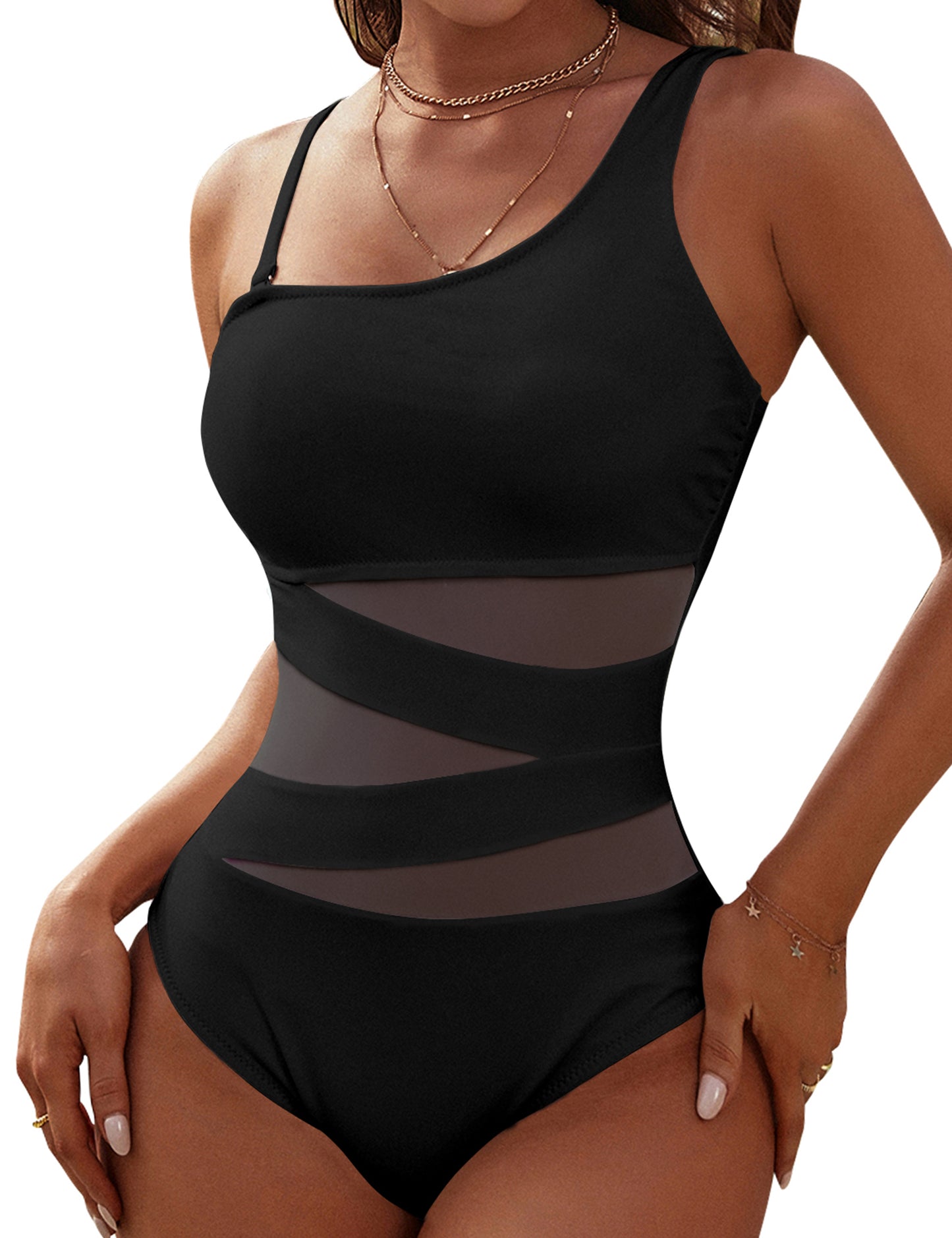 One Piece Swimsuits Slimming Mesh Swimwear shoulder one-piece