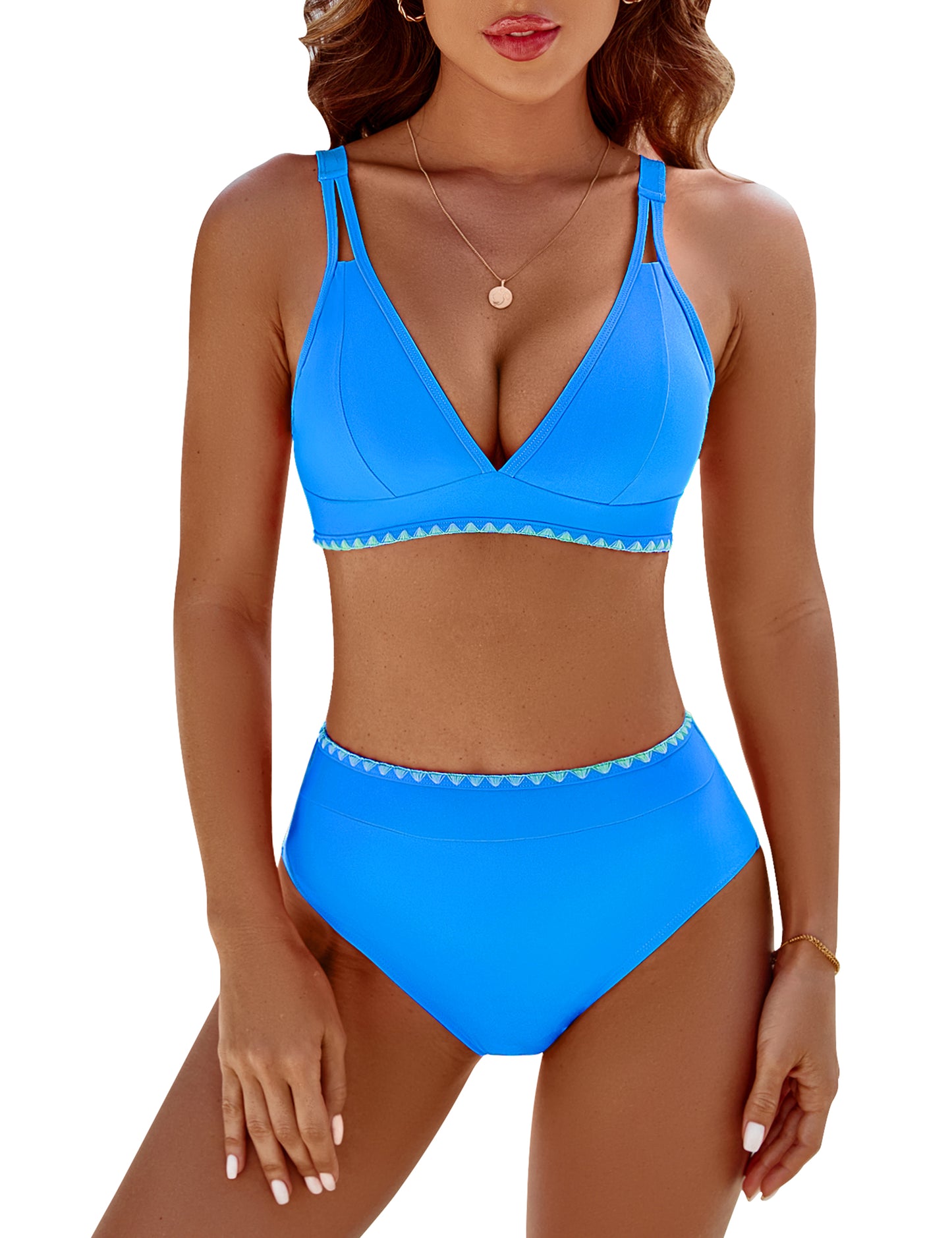 BMJL Women's Bikini Sets V Neck High Waisted Swimsuits Shell Stitched Cheeky Two Piece Bathing Suit