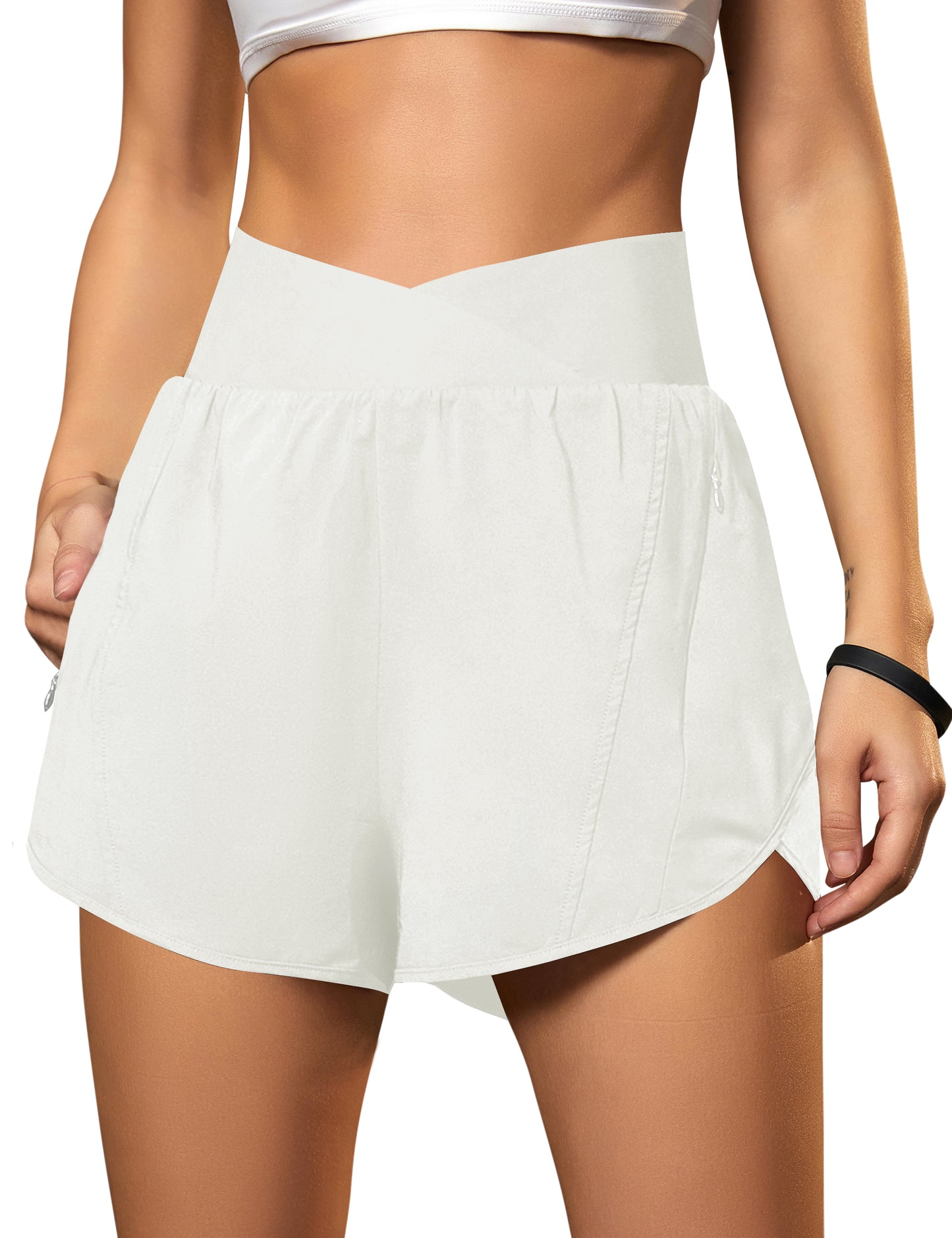 Crossover High Waisted Gym Shorts with Zipper Pockets