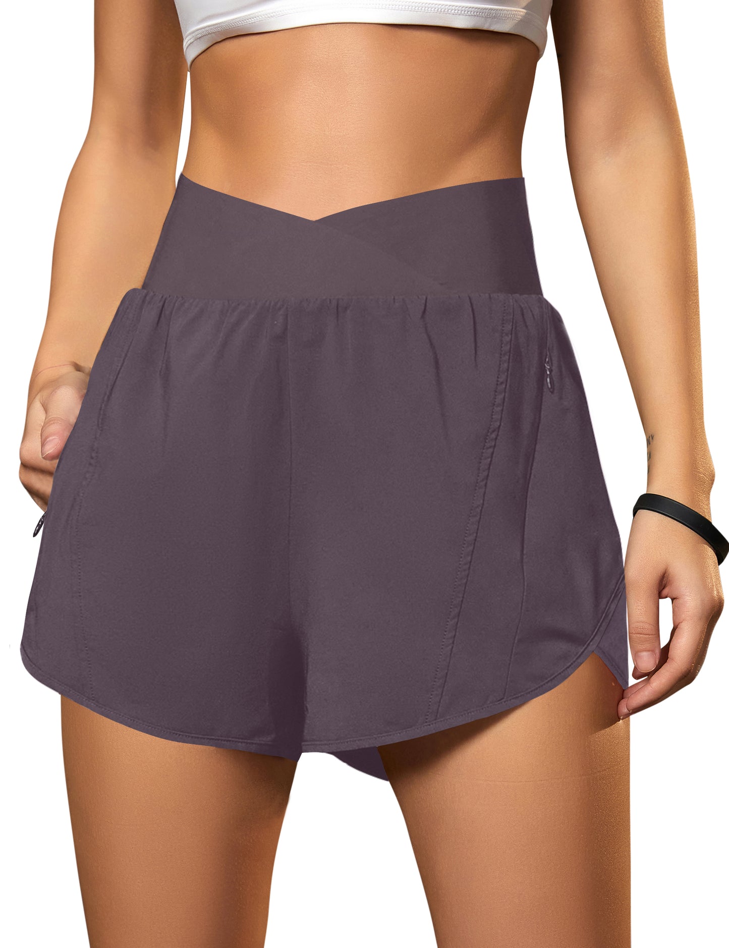 Crossover High Waisted Gym Shorts with Zipper Pockets