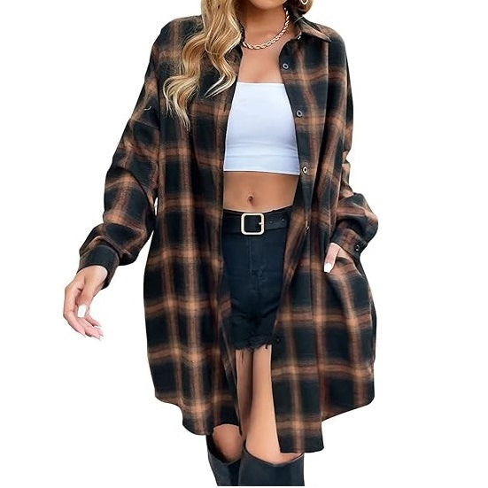 Flannel Shirts Plaid Coats Long Sleeve Collared Shacket