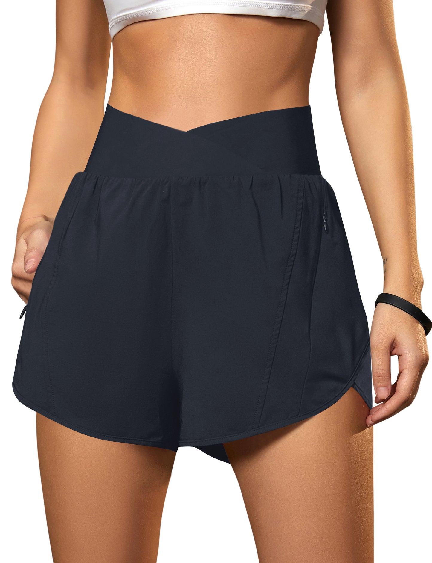 Crossover High Waisted Gym Shorts with Zipper Pockets