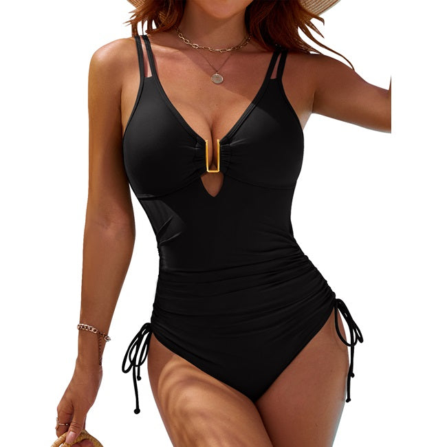 BMJL Double Straps Deep V Neck Drawstring Women's Tummy Control Ruched One Piece Swimsuit