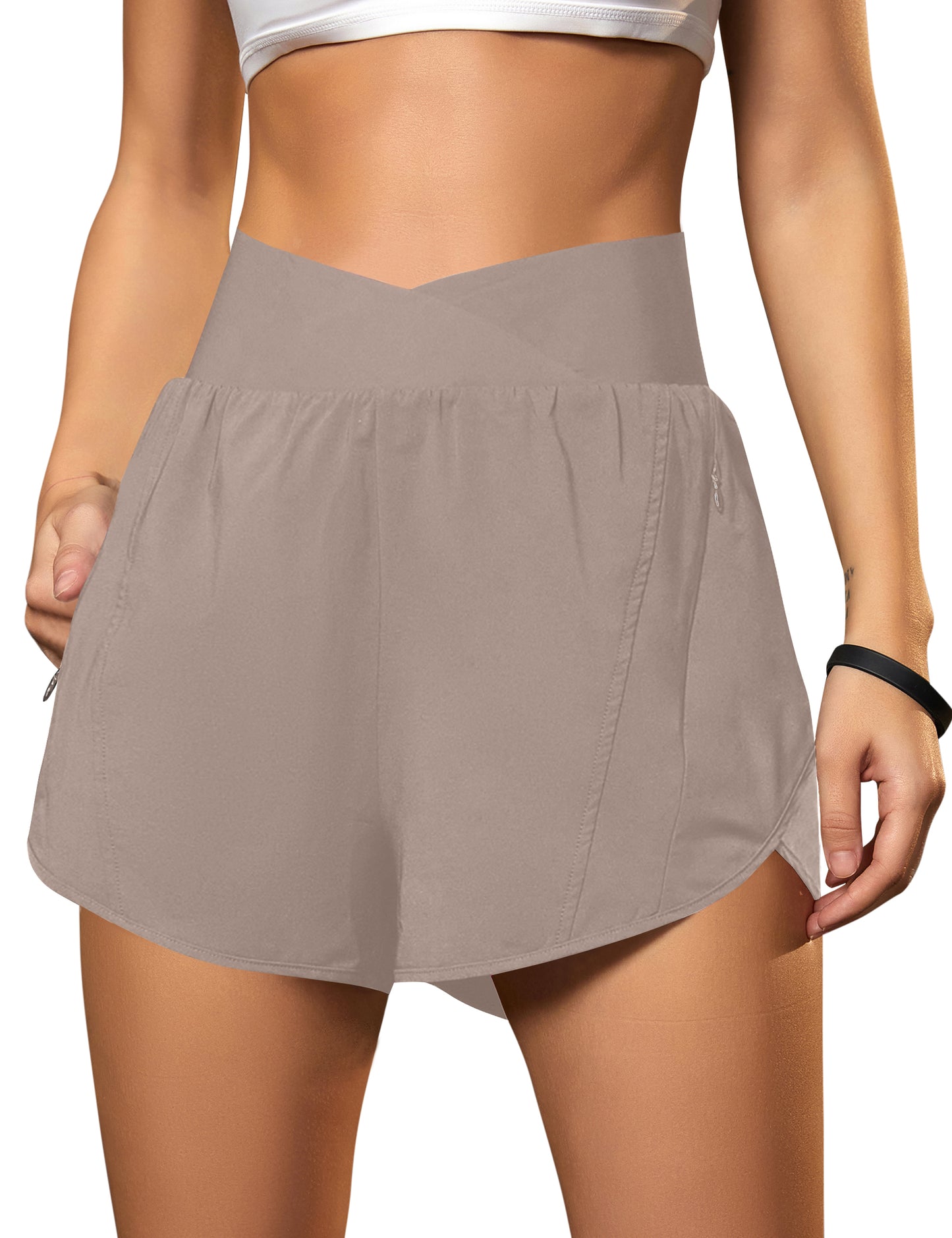 Crossover High Waisted Gym Shorts with Zipper Pockets