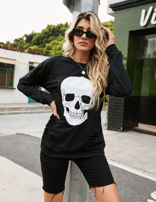 Skull Print Distressed Sweatshirt