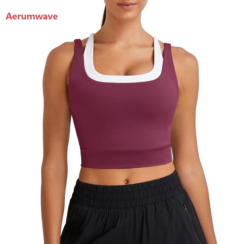 Aerumwave Womens Built in Bra Tank Tops Black Workout Scoop Neck Racerback Cropped Tops Camisole with Padded