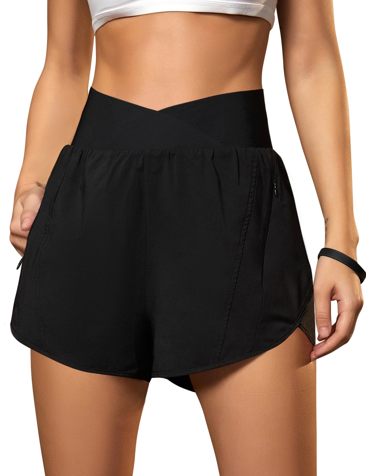 Crossover High Waisted Gym Shorts with Zipper Pockets