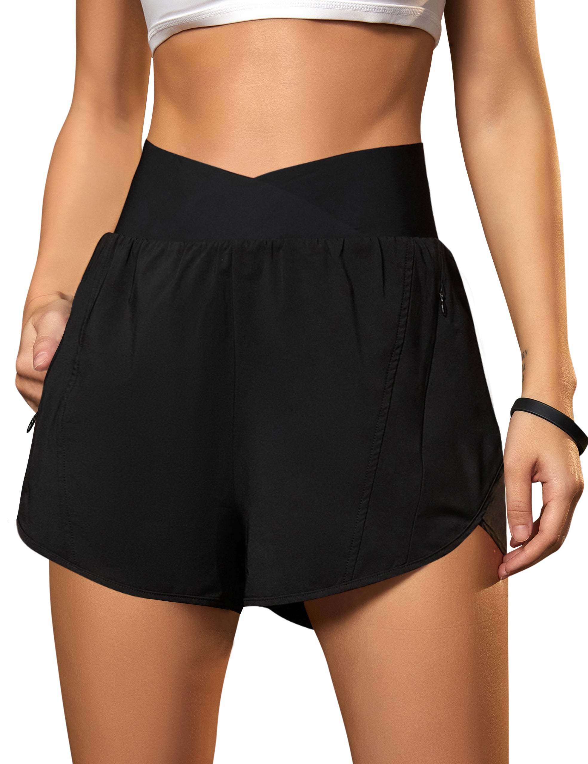 Crossover High Waisted Gym Shorts with Zipper Pockets