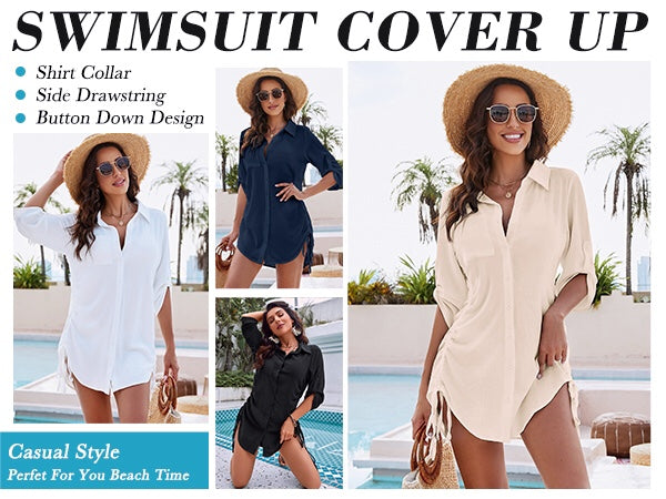 Bathing Suit Cover Ups Drawstring Button Down Beach Dress Shirt
