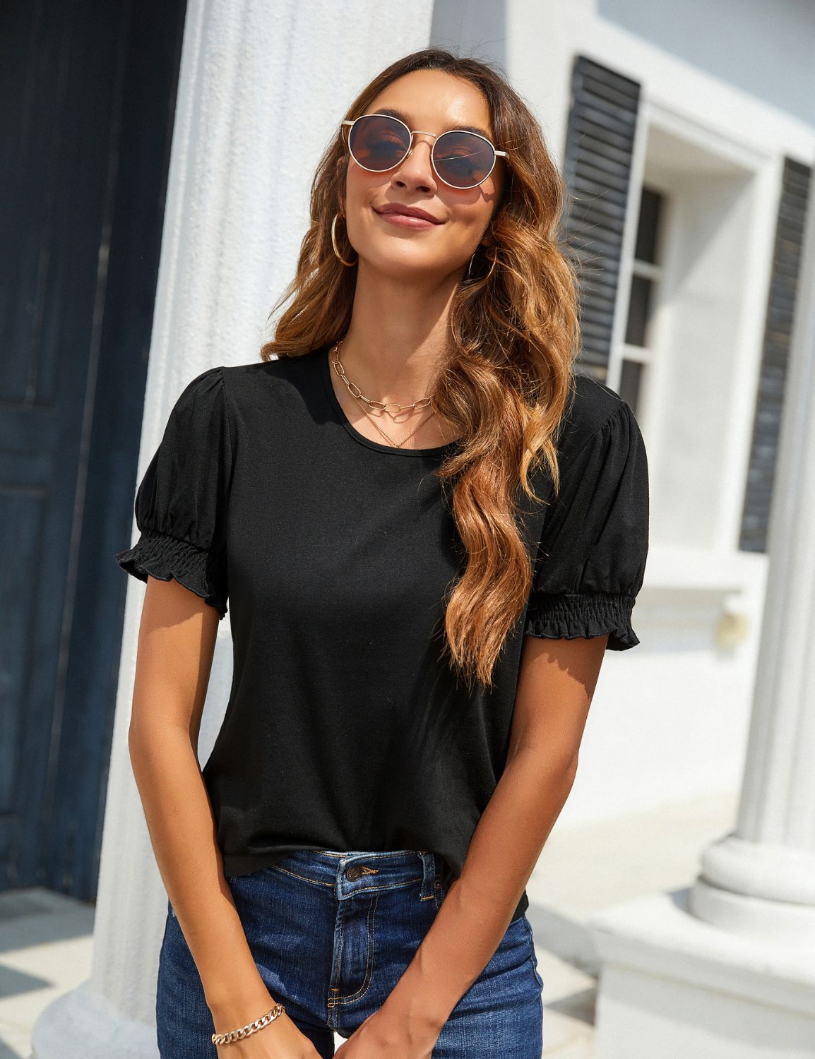 Casual Short Puff Sleeve Blouse