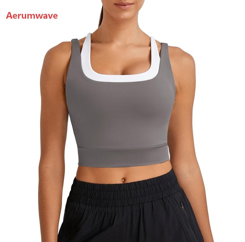 Aerumwave Womens Built in Bra Tank Tops Black Workout Scoop Neck Racerback Cropped Tops Camisole with Padded
