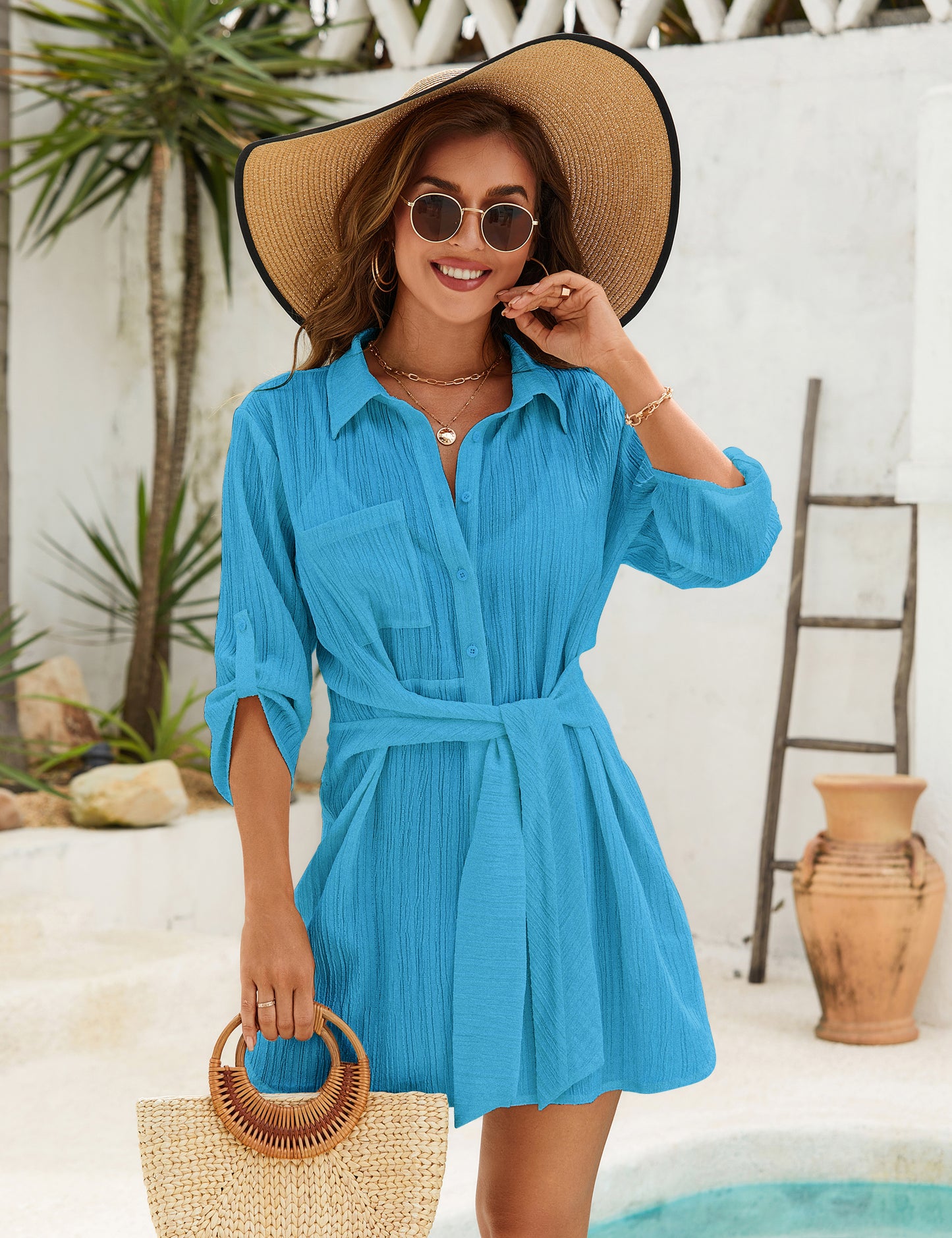 Knot Side Silt Swimsuit Coverup Women Tie Side Beach Dress Shirt