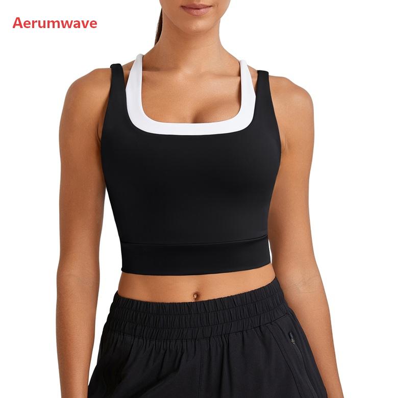 Aerumwave Womens Built in Bra Tank Tops Black Workout Scoop Neck Racerback Cropped Tops Camisole with Padded