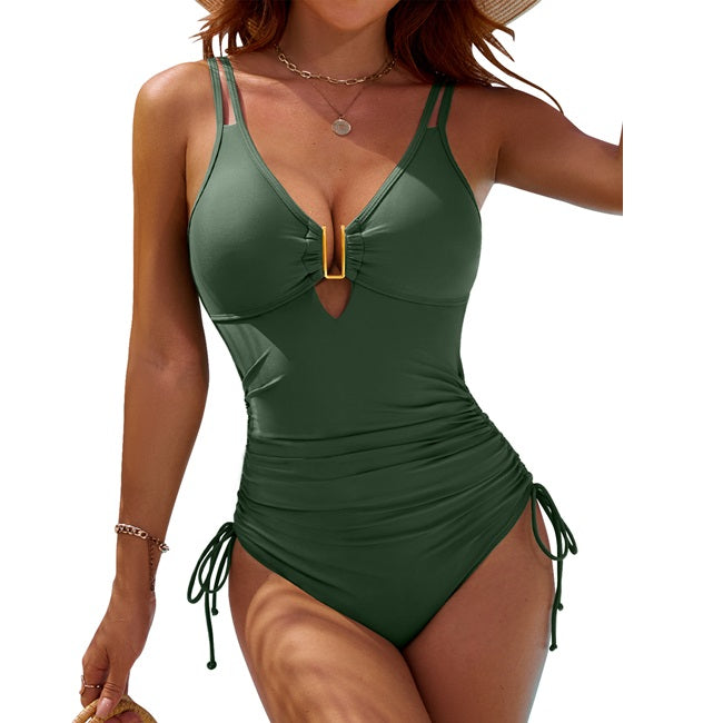 BMJL Double Straps Deep V Neck Drawstring Women's Tummy Control Ruched One Piece Swimsuit