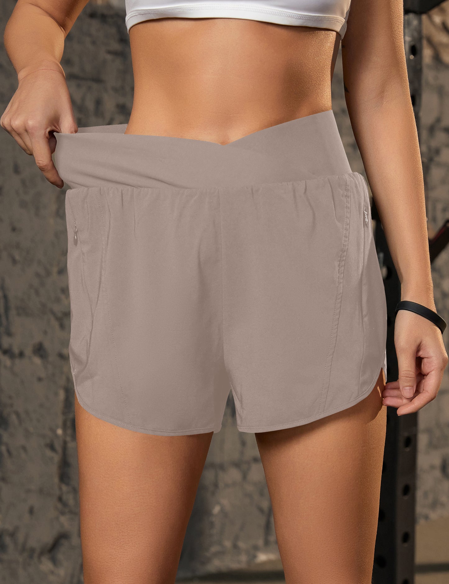 Crossover High Waisted Gym Shorts with Zipper Pockets