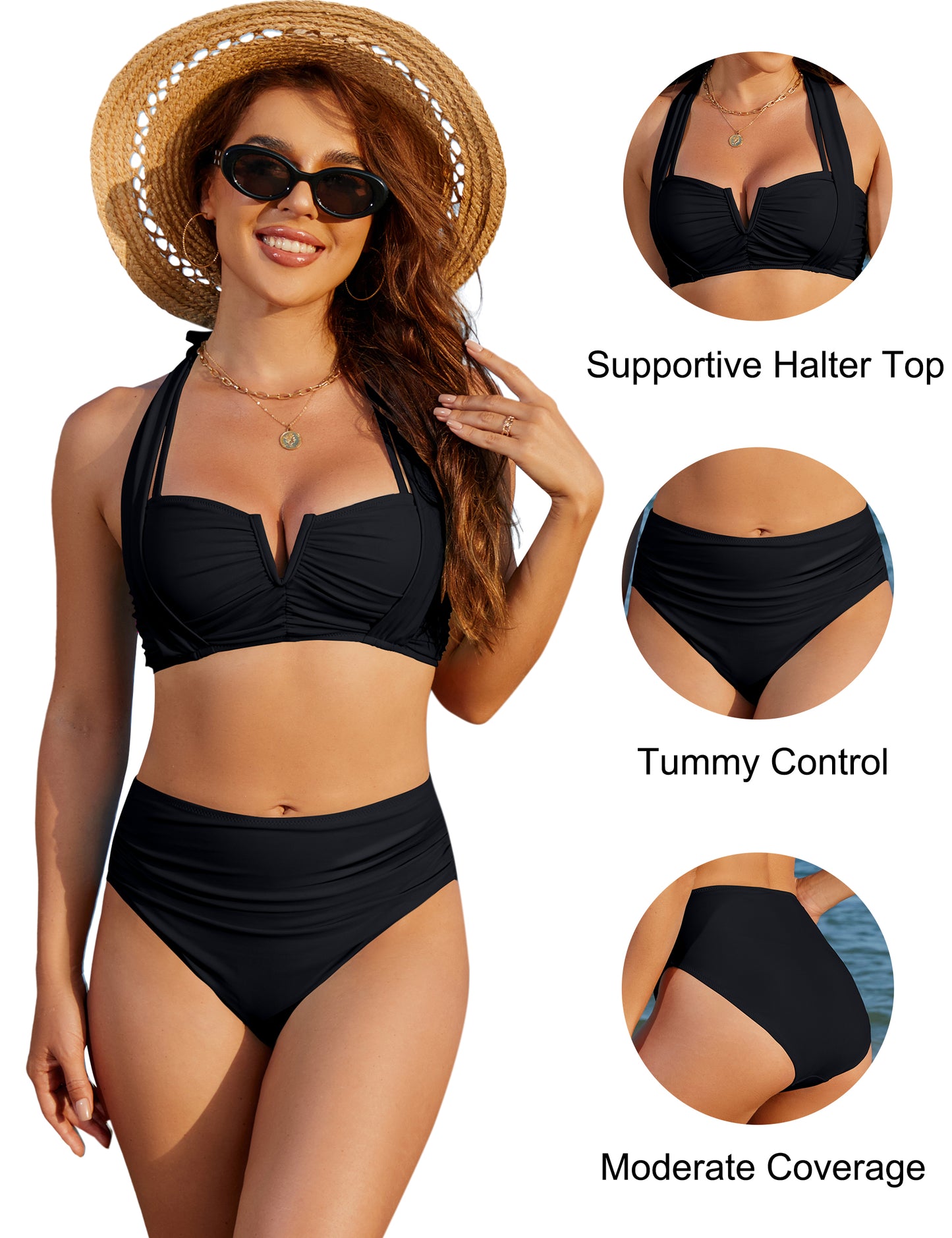 Blooming Jelly Retro Halter Tummy Control Womens High Waisted Two Piece Bikini Sets