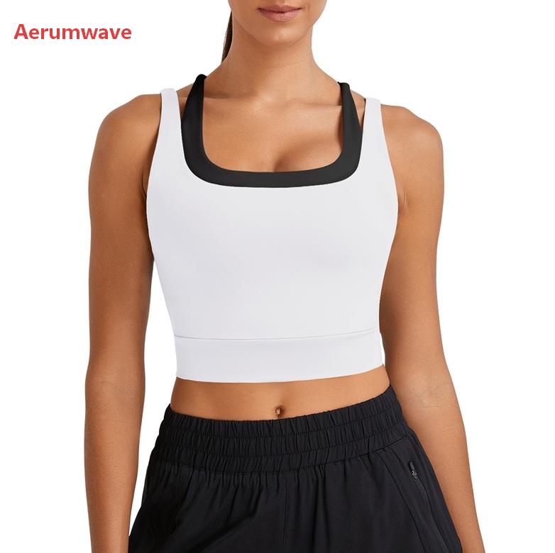 Aerumwave Womens Built in Bra Tank Tops Black Workout Scoop Neck Racerback Cropped Tops Camisole with Padded