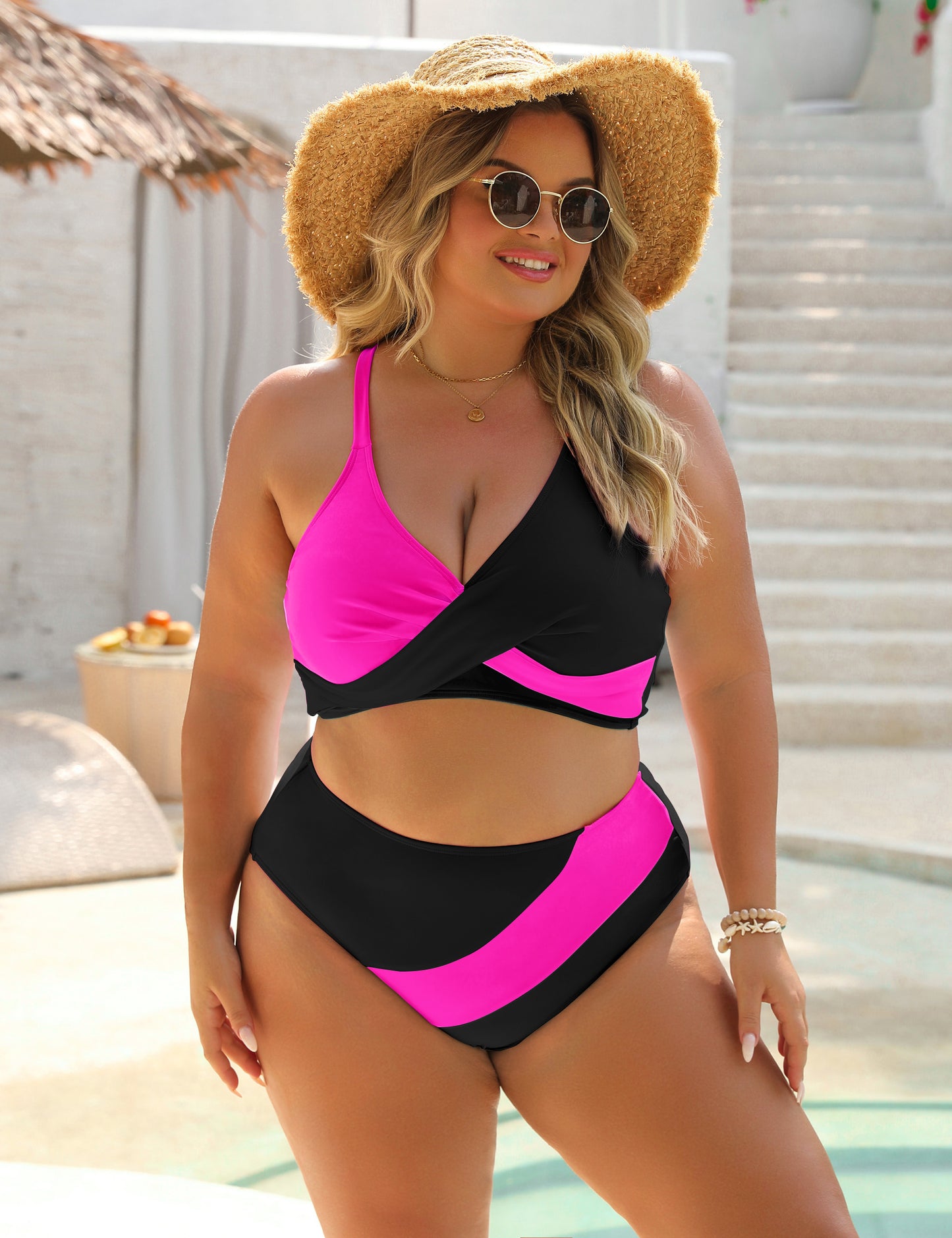 Blooming Jelly High Waisted Bikini Sets Criss Cross Womens Two Piece Color Block Full Coverage Swimsuits